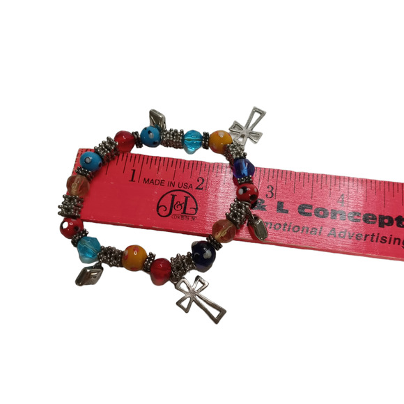 🌈 Multicolor Lampwork Bracelet w/ Cross Charms | Boho VTG Stretch - Picture 12 of 12